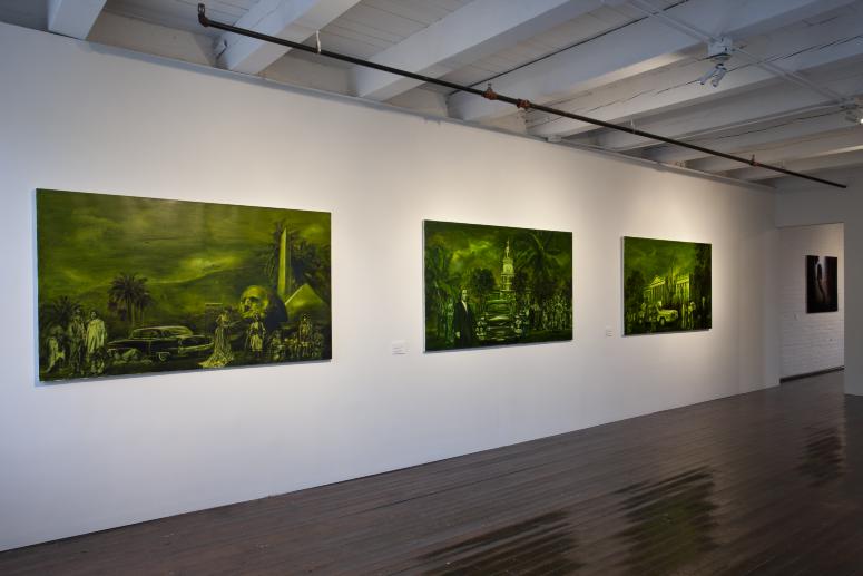 Digital image IRC.2012.06739 showing Pedro Álvarez's work, One from the Romantic Dollarscape Series (left), One Hundred from the Romantic Dollarscape Series (middle), and Ten from the Romantic Dollarscape Series (right), at the Mattress Factory, 2010.