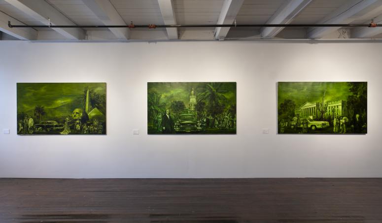 Digital image IRC.2012.06741 showing Pedro Álvarez's work, One from the Romantic Dollarscape Series (left), One Hundred from the Romantic Dollarscape Series (middle), and Ten from the Romantic Dollarscape Series (right), at the Mattress Factory, 2010.