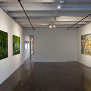 Digital image IRC.2012.06735 showing Pedro Álvarez's work, One Hundred from the Romantic Dollarscape Series (left), Ten from the Romantic Dollarscape Series (middle), and African Abstract (right), at the Mattress Factory, 2010.