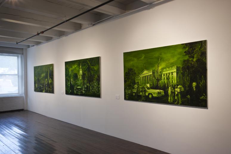 Digital image IRC.2012.06743 showing Pedro Álvarez's work, One from the Romantic Dollarscape Series (left), One Hundred from the Romantic Dollarscape Series (middle), and Ten from the Romantic Dollarscape Series (right), at the Mattress Factory, 2010.