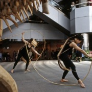 slide IRC.2012.02659 (old number: FAN.E-L039) showing Eiko Fan's off-side performence in downtown Pittsburgh, Mattress Factory, 1984.