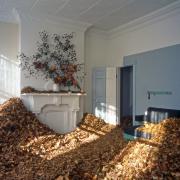 slide IRC.2012.00463 showing Tom Bedger's installation, Fall [left], and Allan Wexler's permanent installation, Bed-Sitting Room for Artist in Residence [right], at the Mattress Factory, 2001.