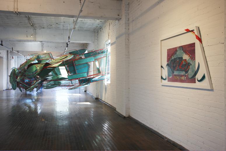 Luca Buvoli, <em>Instant Before Incident (Marinetti's Drive 1908)</em> (2008) and <em>Propaganda Poster (And Then He Would Say: Remember-E Lui Diceva: Ricordati) [Textured Turquoise Car with Vermillion Front]</em> (2007) 