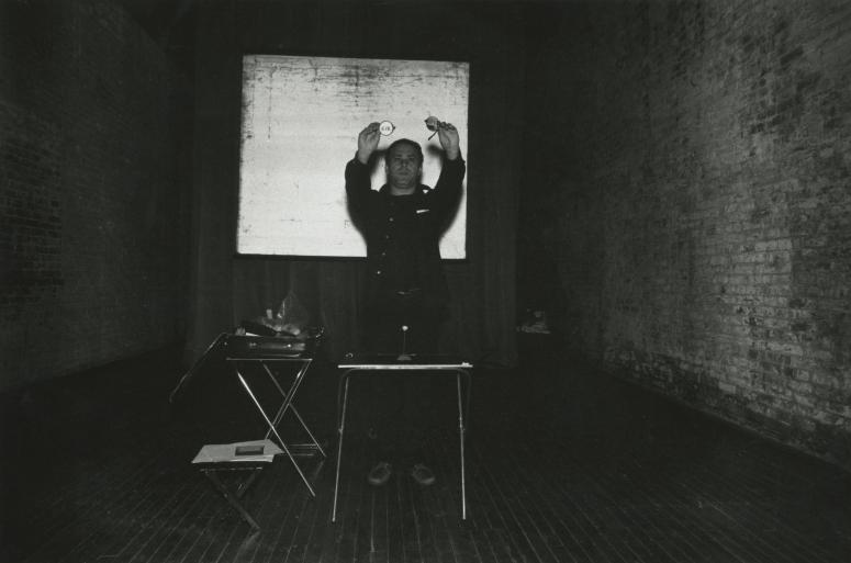 print IRC.2012.02876 showing Stewart Sherman's untitled performance at the Mattress Factory, 1983.