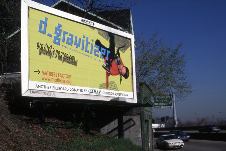 slide IRC.2012.02302 (old number: KIM.S-D039) showing a billboard for Sora Kim's installation, D-Gravitizer, at the Mattress Factory, 1999.