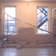 slide IRC.2012.03548 (old number: NOL.C-U009) showing Cady Noland's previously untitled installation, This piece doesn't have a title yet, at the Mattress Factory, 1989.