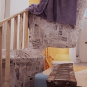 slide IRC.2012.02022 (old number: STO.J-M009) showing Jessica Stockholder's installation, Mixing Food with the Bed, at the Mattress Factory, 1989.