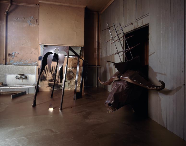 View of Bill Woodrow's permanent installation, "Ship of Fools: Discovery of Time," Mattress Factory, 1986