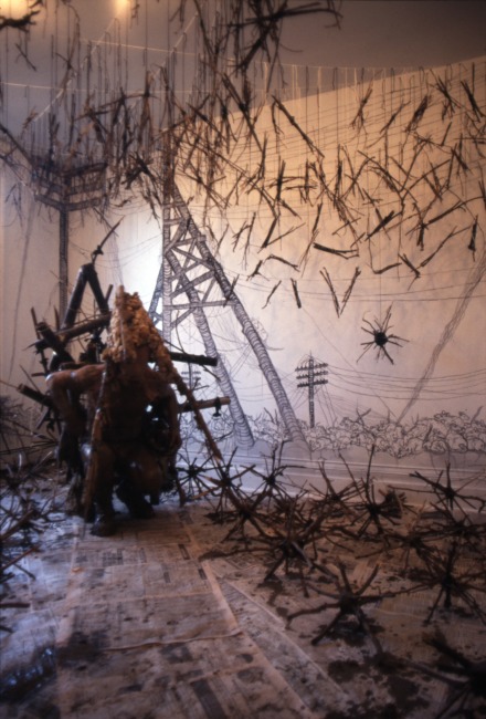 slide IRC.2012.03113 (old number: JON.K-U017) showing Kim Jones's untitled performance at the Mattress Factory, 1990.