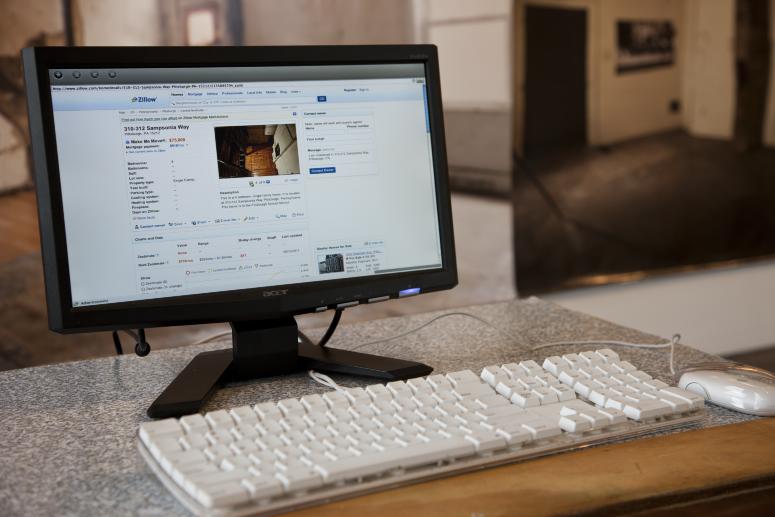 Digital image IRC.2012.05730 showing Seamus Nolan's installation, 310-312 Sampsonia Way, For Sale by Owner, Great Opportunity, at the Mattress Factory, 2011.