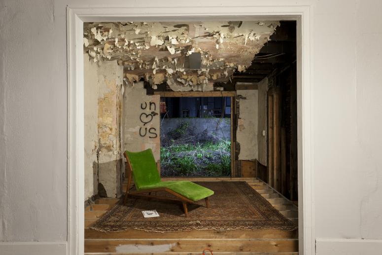 Digital image IRC.2012.05648 showing Seamus Nolan's installation, 310-312 Sampsonia Way, For Sale by Owner, Great Opportunity, at the Mattress Factory, 2011.