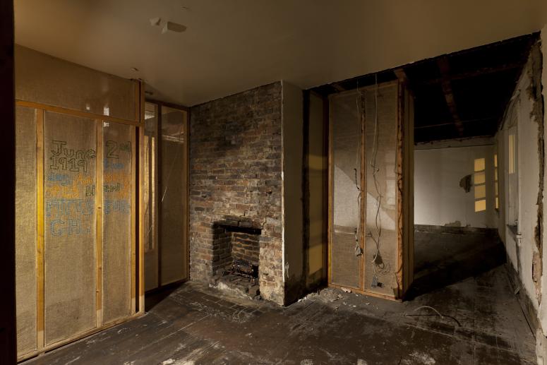 Digital image IRC.2012.05681 showing Seamus Nolan's installation, 310-312 Sampsonia Way, For Sale by Owner, Great Opportunity, at the Mattress Factory, 2011.