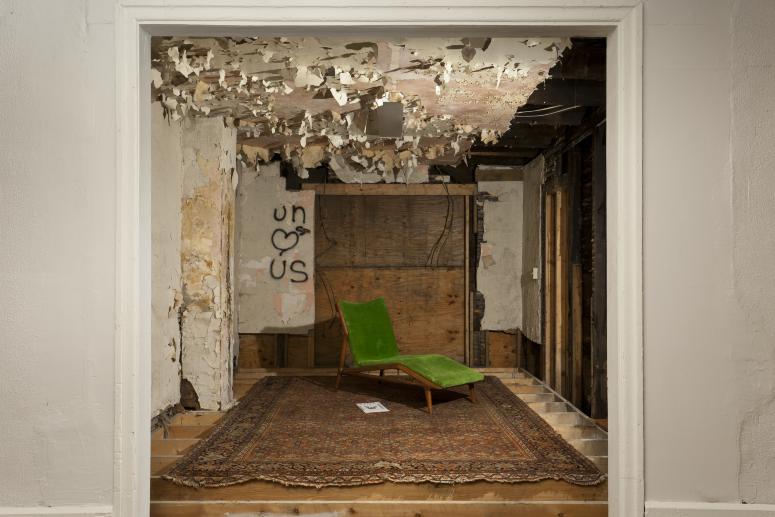 Digital image IRC.2012.05644 showing Seamus Nolan's installation, 310-312 Sampsonia Way, For Sale by Owner, Great Opportunity, at the Mattress Factory, 2011.