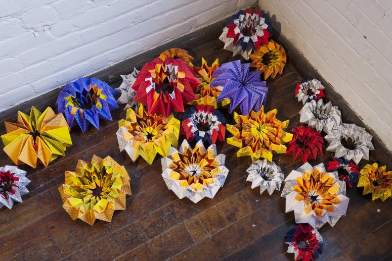 Digital image IRC.2012.06970 showing Glenn Lougran's installation, Squatter Sovereignty: Origami Fireworks, at the Mattress Factory, 2011.