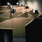 slide IRC.2012.03665 (old number: SCH.B-T003) showing Buky Schwartz's installation, Three Angles of Coordination for Monitoring the Labyrinthian Space, at the Mattress Factory, 1986.