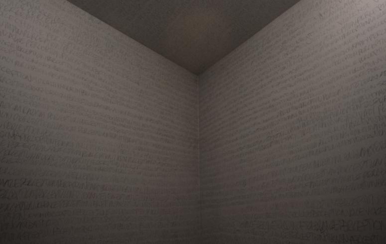 slide IRC.2012.00560 (old number: BRO.V-X009) showing Valerie Brodar's installation, X Knows P, at the Mattress Factory, 1990.