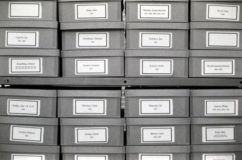 slide IRC.2012.00513 (old number: BOL.C-A003) showing Christian Boltanski's installation, Archives of the Carnegie International, 1896-1991, at the Mattress Factory, 1991.