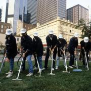 slide IRC.2012.00123 (old number: AUD.X-P011) showing Benôit Maubrey and Hans Peter Kuhn's public performances entitled Audio-Jackets in downtown Pittsburgh, Oakland, and Shadyside, 1986.