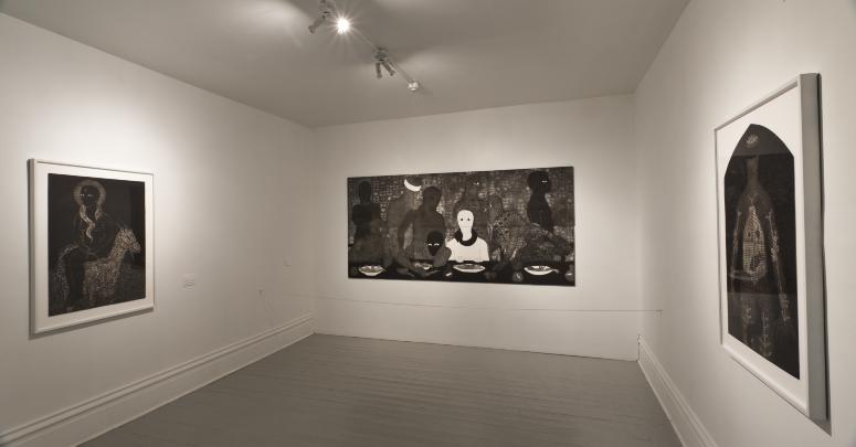 Digital image IRC.2013.03018 showing Belkis Ayón's work, Even If We Go to Heaven They Will Always Remember Us (left), The Supper (middle), and Sikan (right), at the Mattress Factory, 2010.